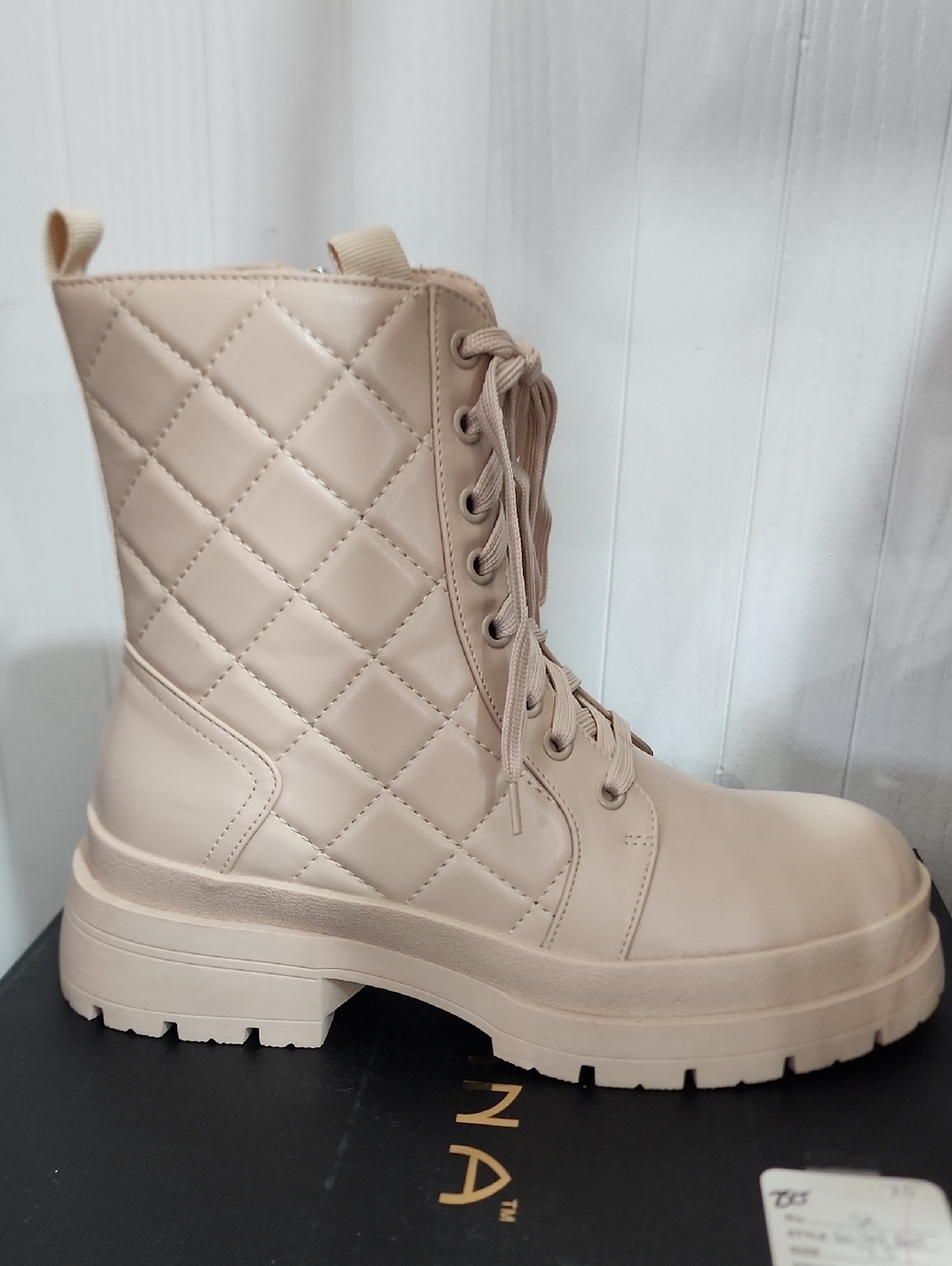 Liliana Quilted Lace-Up Combat Boots in Beige